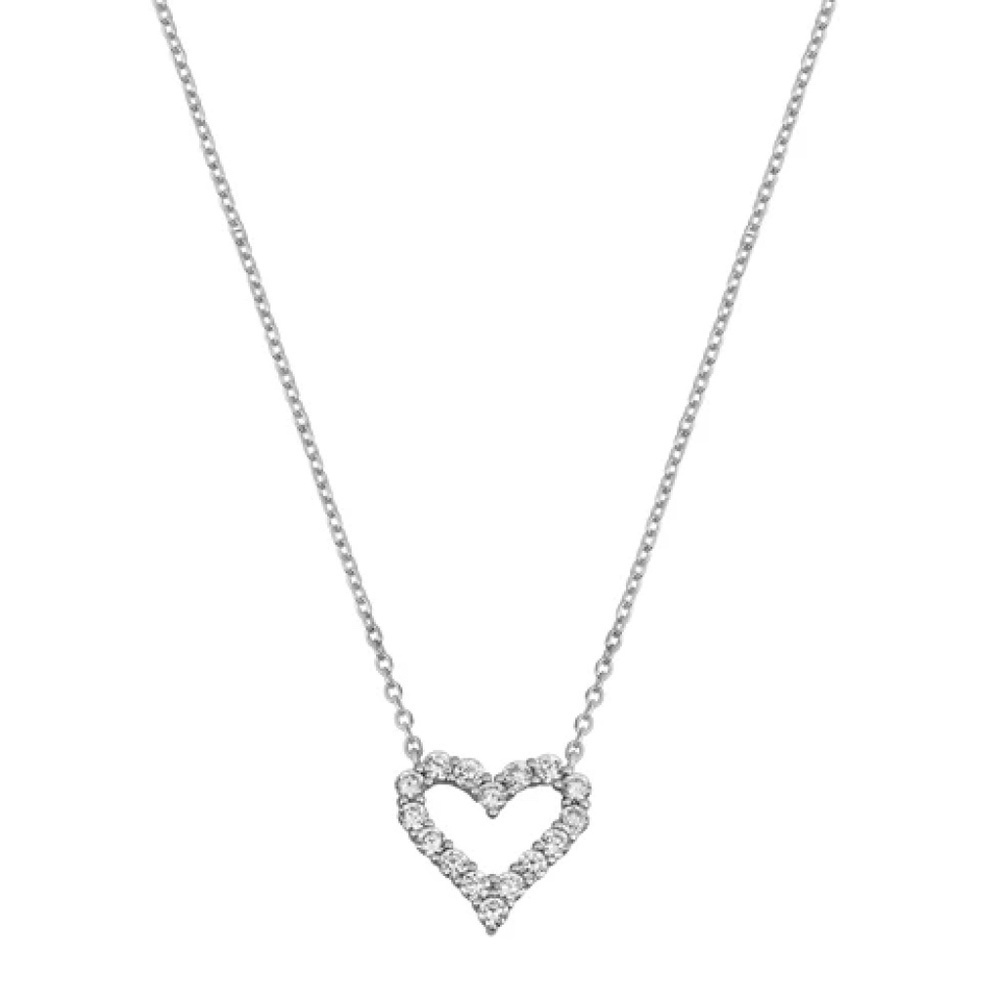 Sterling Silver Open Heart CZ Pendant Necklace – Clear Cubic Zirconia – Adjustab